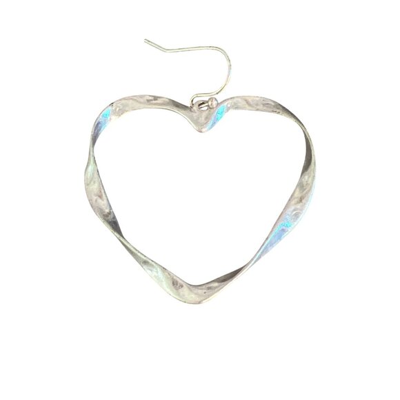Vintage Silver Tone Heart Hoop Dangle Earrings Twisted Hammered Hook 2" Estate - Picture 2 of 5